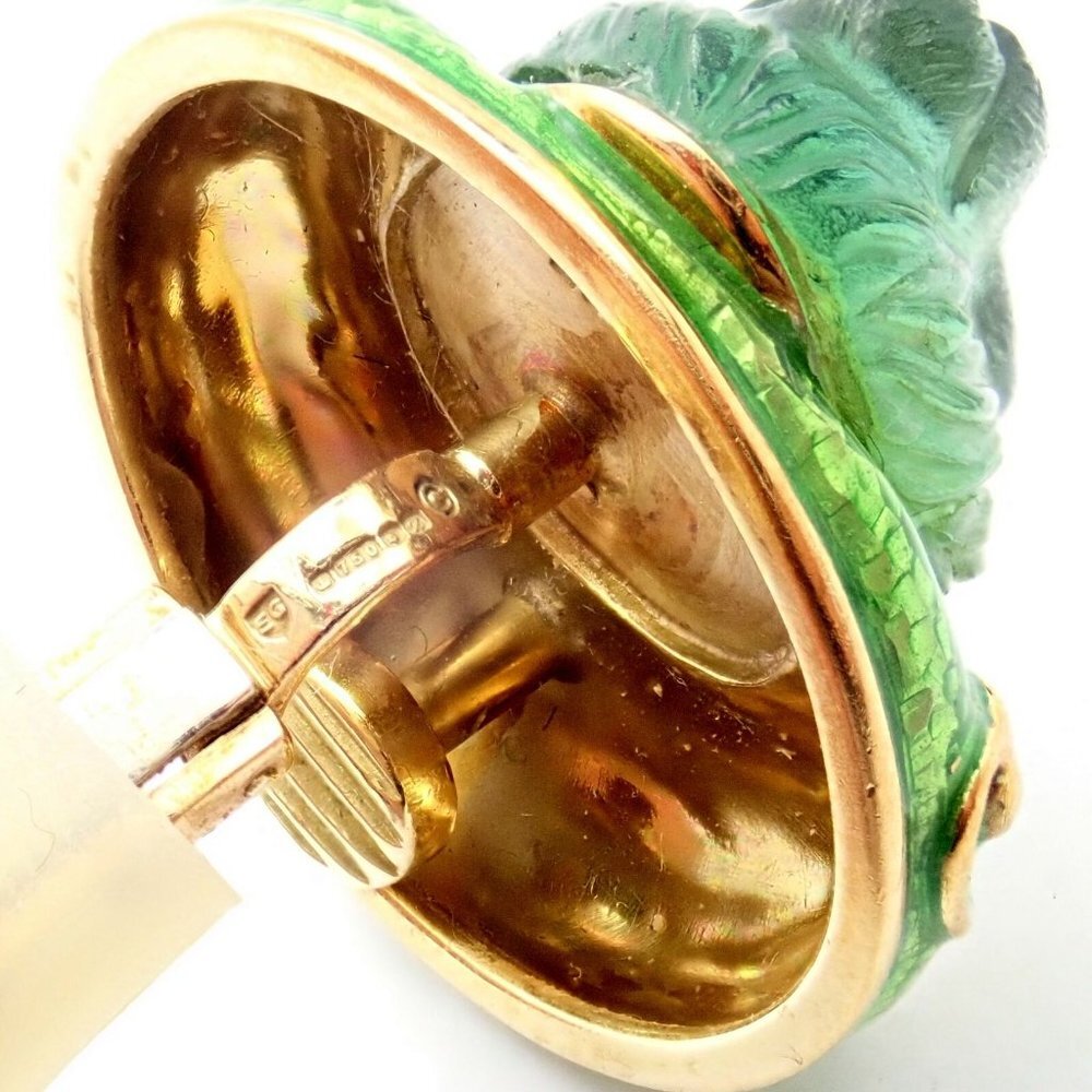 Rare! Elizabeth Gage 18k Yellow Gold Carved Peridot Green Enamel Lion Earrings - Picture 9 of 10